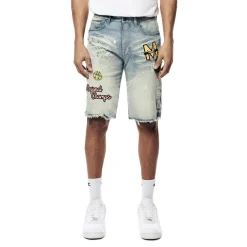 Laser Printed Varsity Denim Shorts