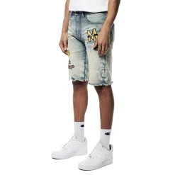 Laser Printed Varsity Denim Shorts