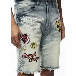 Laser Printed Varsity Denim Shorts