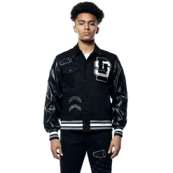 Varsity Vegan Leather & Denim Jacket