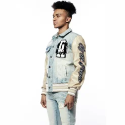 Varsity Vegan Leather & Denim Jacket