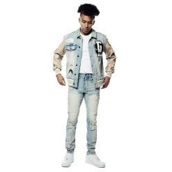 Varsity Vegan Leather & Denim Jacket